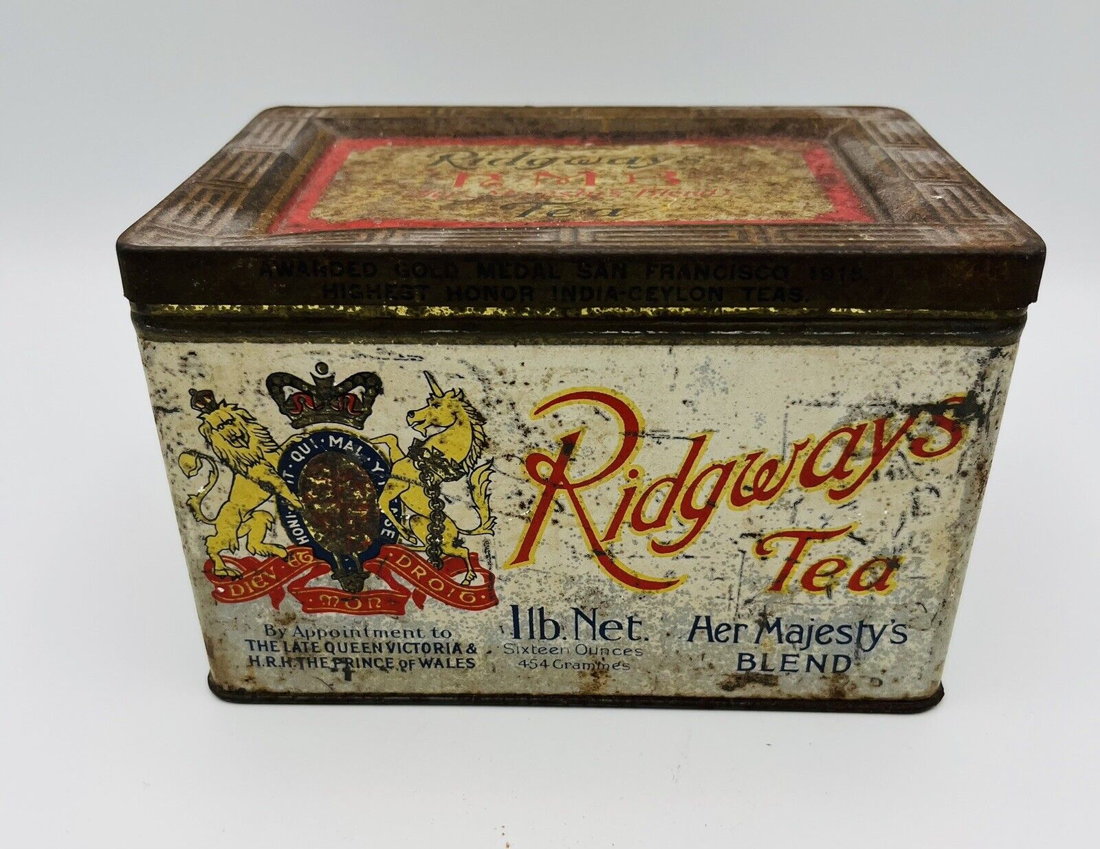 Antique Vintage  Tin Can Ridgways Ltd HMB Tea Her Majesty’s Blend Box Crown Lion