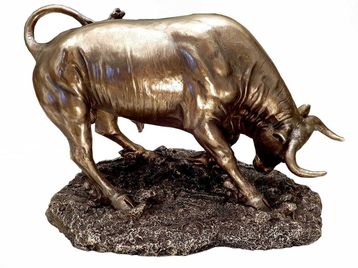 A bull attacking a symbol of a bank, stock exchange gift force for the boss 8.25