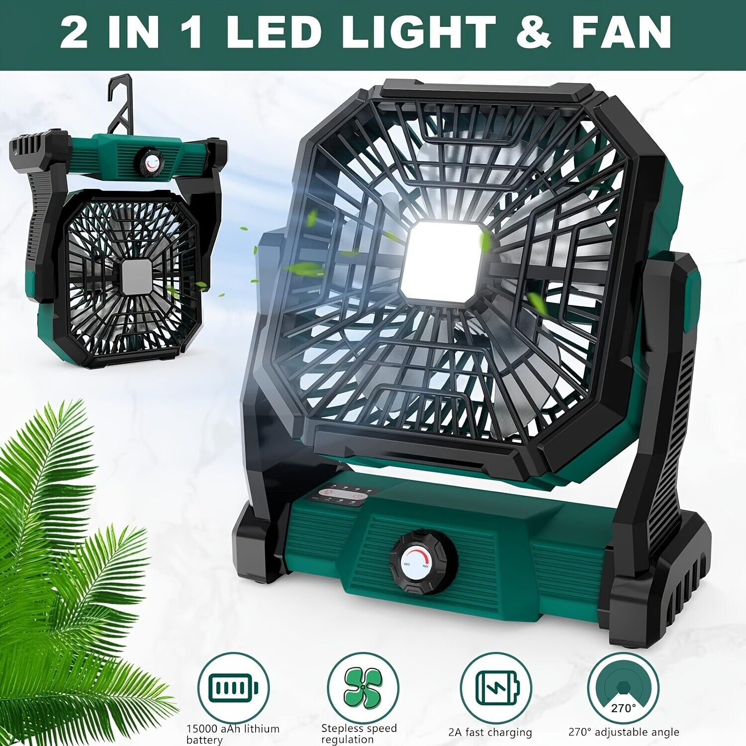 Portable Camping Fan Rechargeable, 15000mAh 9-inch Battery Powered Fan with LED