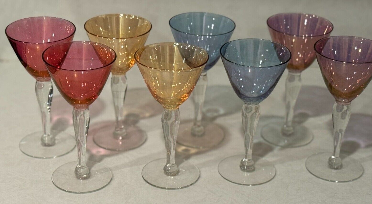 Vintage MCM Iridescent Complete Multi Colored Harlequin 8 Piece Glasses RARE