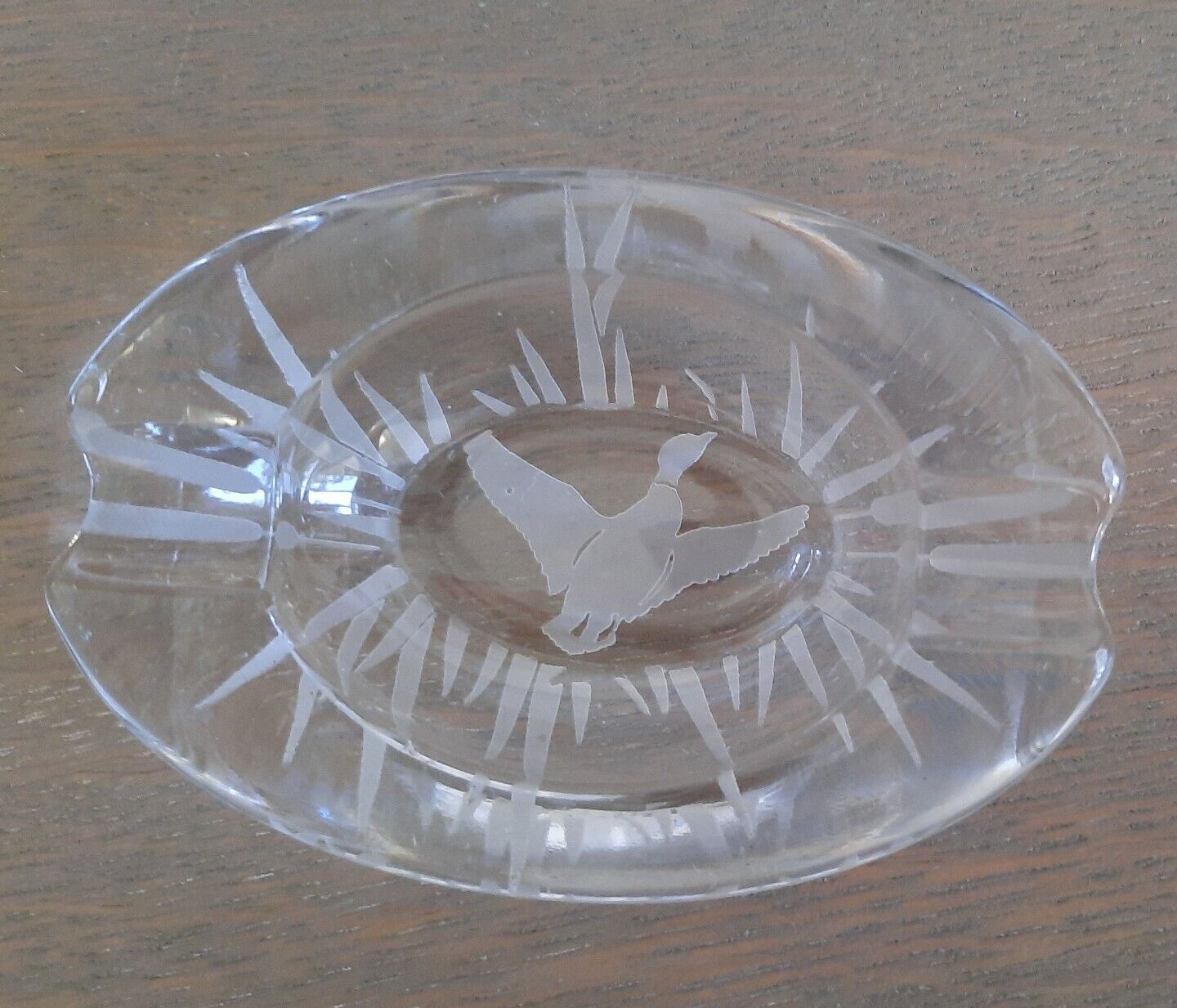 Vintage Etched Glass Little Ashtray Flying Duck Gift Excellent Condition
