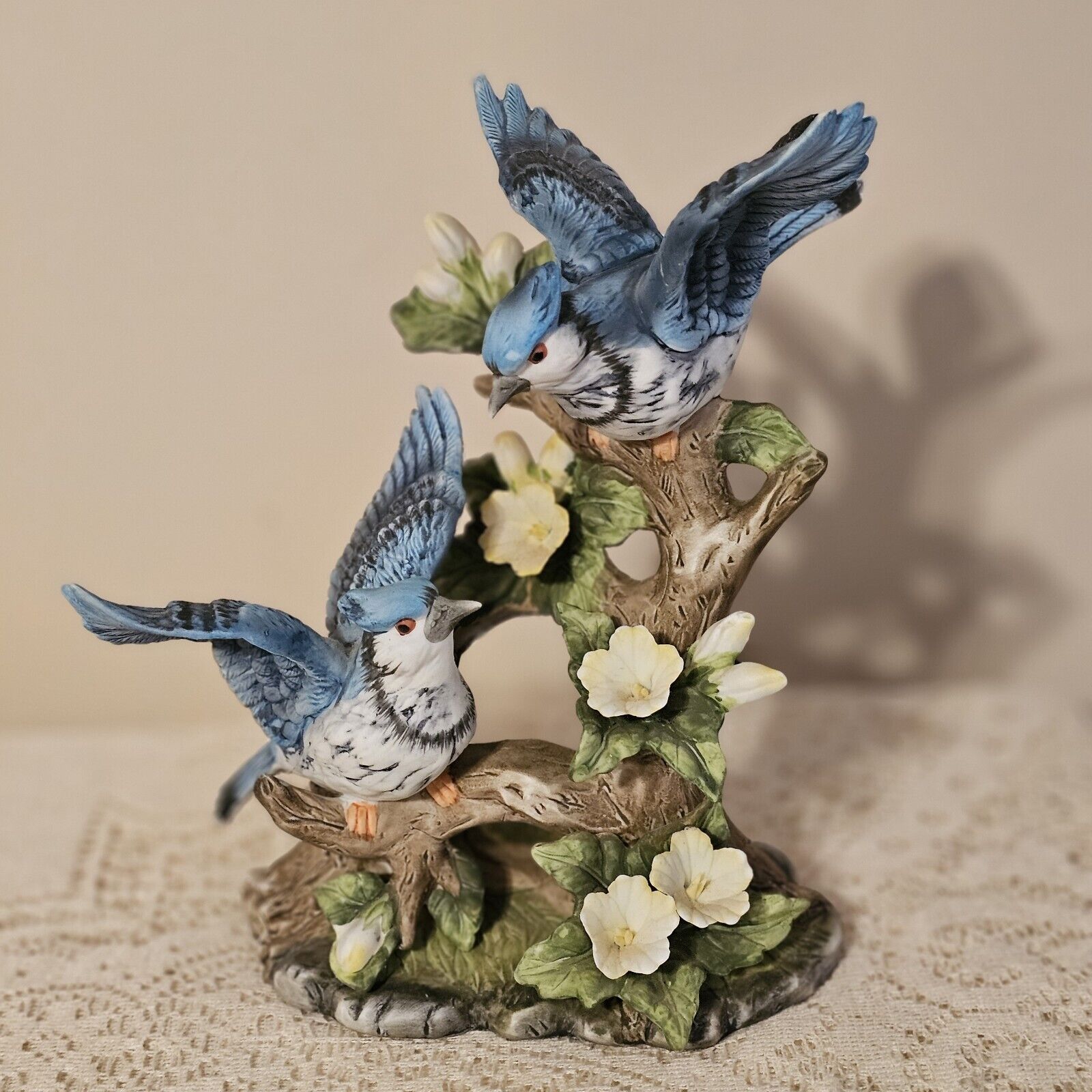 Beautifull Vintage BlueJay Porcelain Birds Figurine on Flower Branch  Unmarked