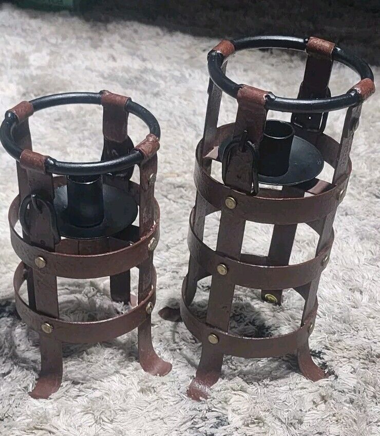 Vintage Candlestick Holders Iron Rustic Buckle Detail Set Of 2