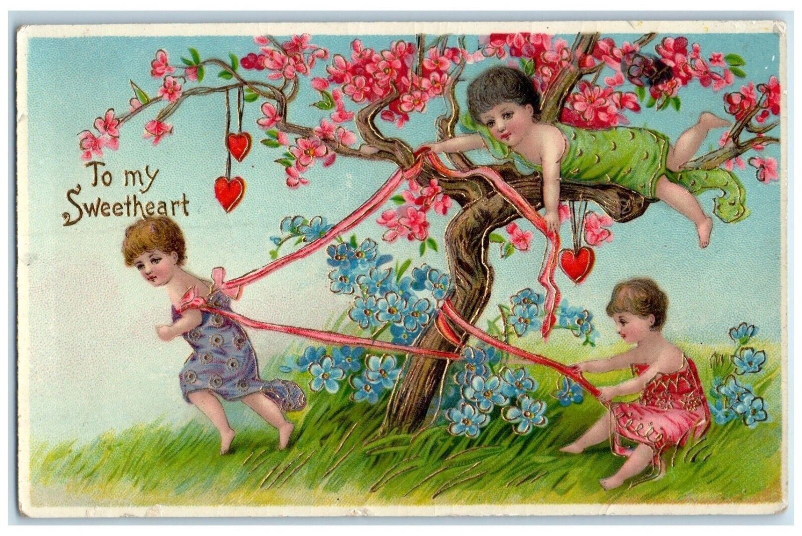 c1910s Valentine Sweetheart Children Tie The Blossom Tree Gel Gold Gilt Postcard