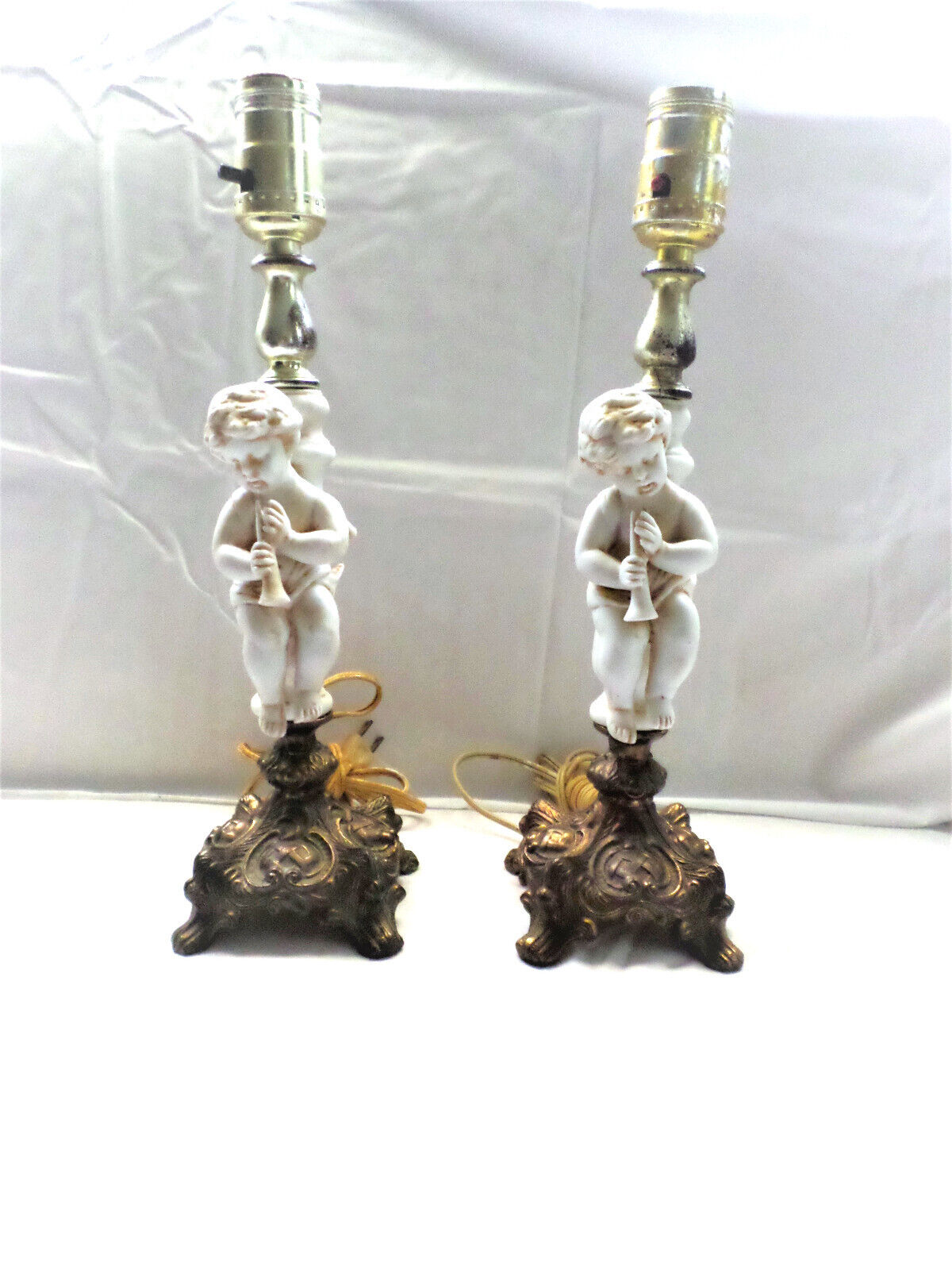 Vintage PAIR Cherub Cupid Angel Lamps Bisque and Ornate Brass