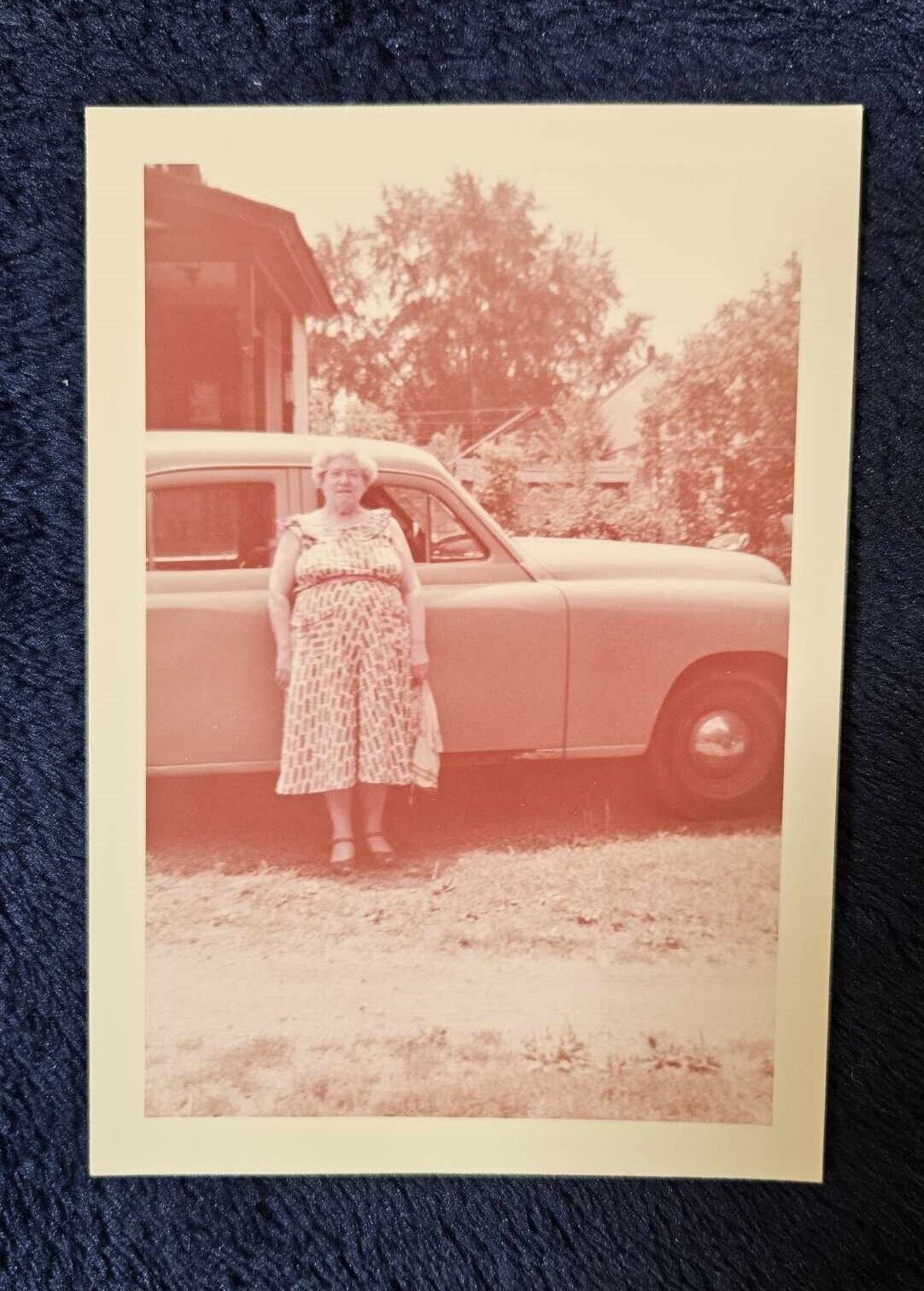 Woman and Vintage Old Car Photo 1950\'s Suburban Neighborhood 1955