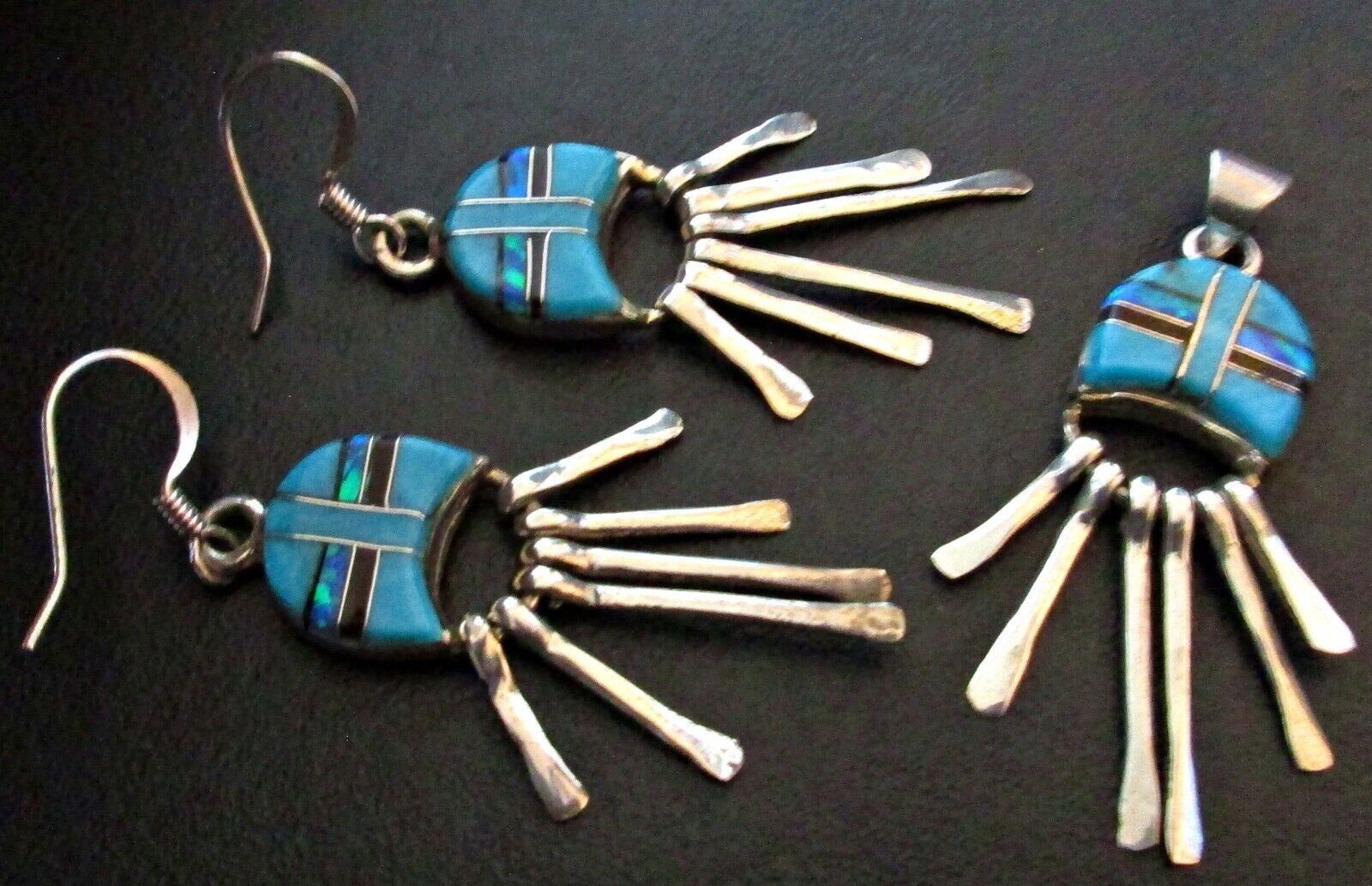 Vtg Signed FW Sterling Fred WEEKOTY Turquoise Coral Inlaid Zuni Pendant Earrings