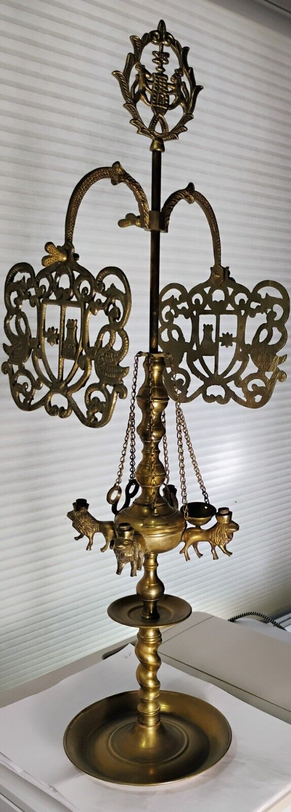 ANTIQUE ORIGINAL Late 1800\'s BRASS 4 WICK WHALE OIL LAMP 21 INCHES TALL EXT RARE