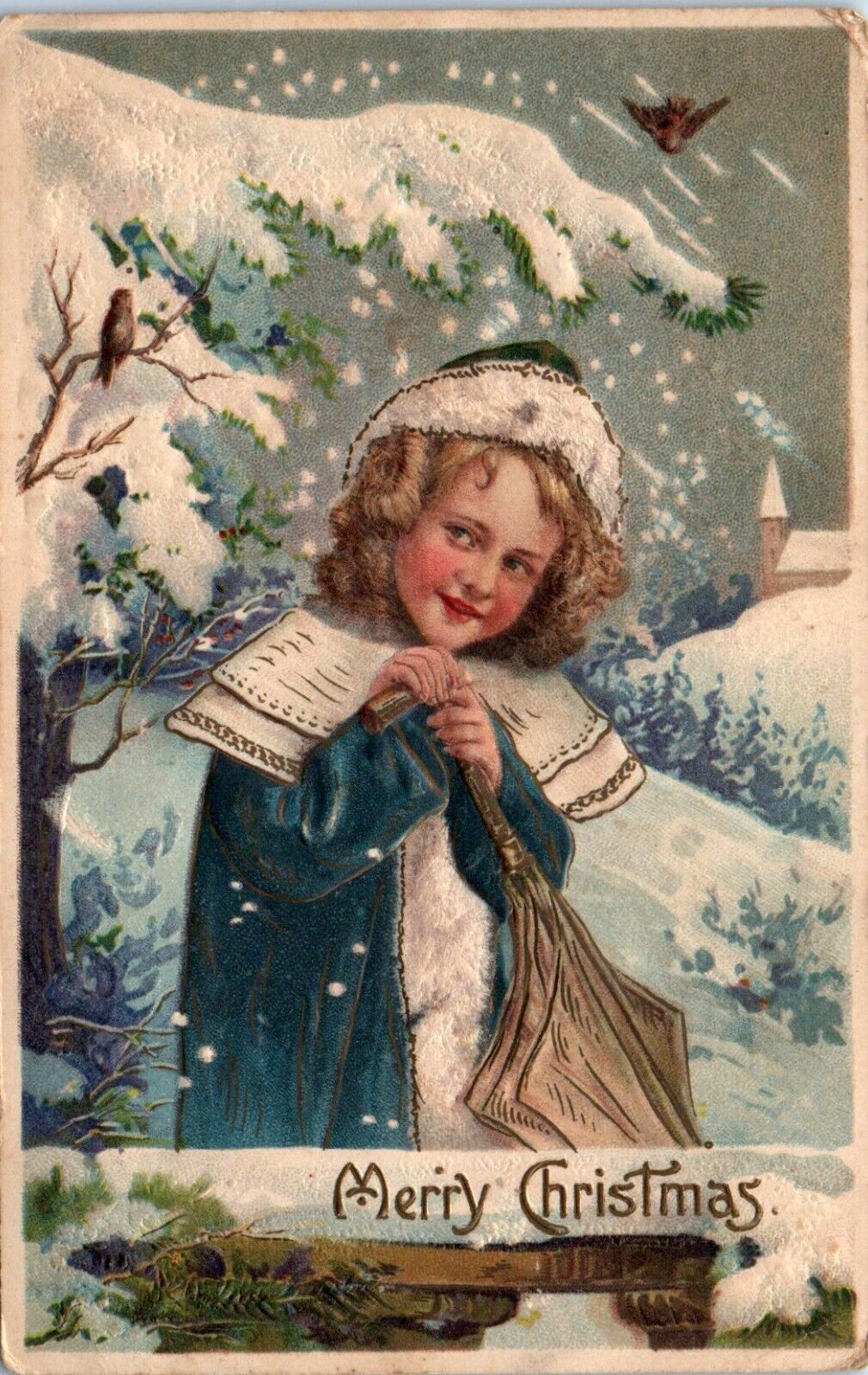 1908 Merry Christmas Little Girl in the Snow Embossed Postcard