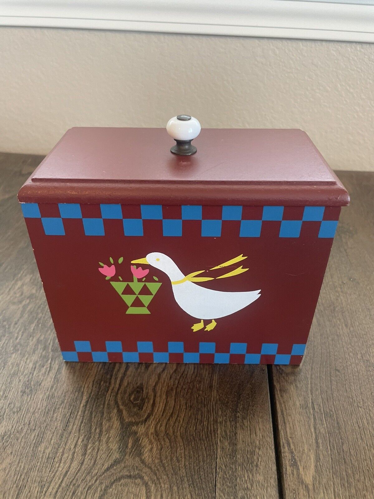 Vintage Wooden Box Recipe Card Holder With Lid Country Goose Check Design