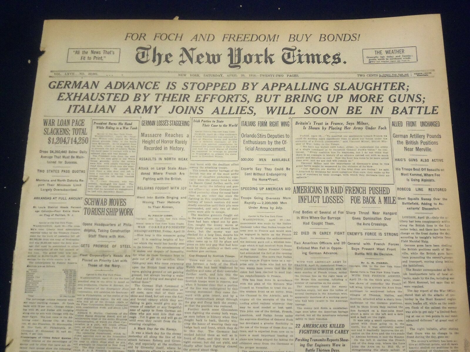 1918 APRIL 20 NEW YORK TIMES - GERMAN ADVANCE STOPPED BY SLAUGHTER - NT 8222