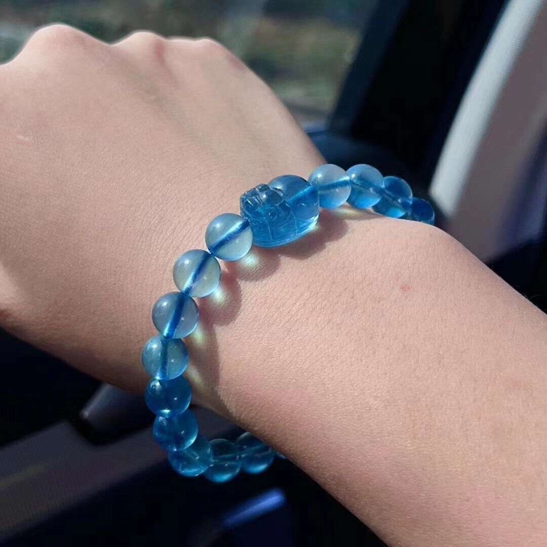Natural ice Blue Aquamarine Gemstone Craved PIXIU Beads Bracelet AAAAA 9mm