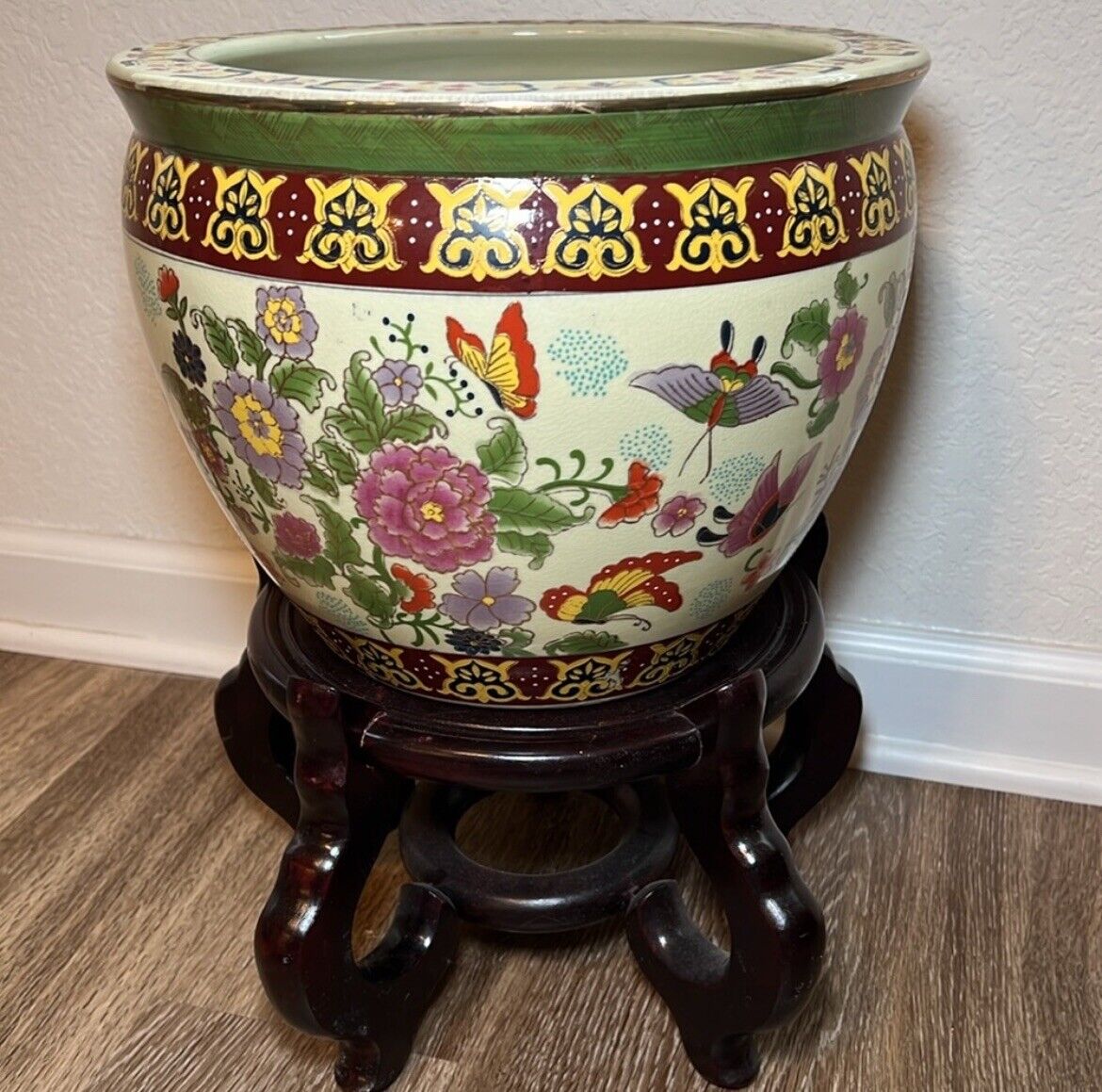 Large VTG Chinese Koi Fish Bowl Planter Butterflies Floral Gold Polychrome Nice