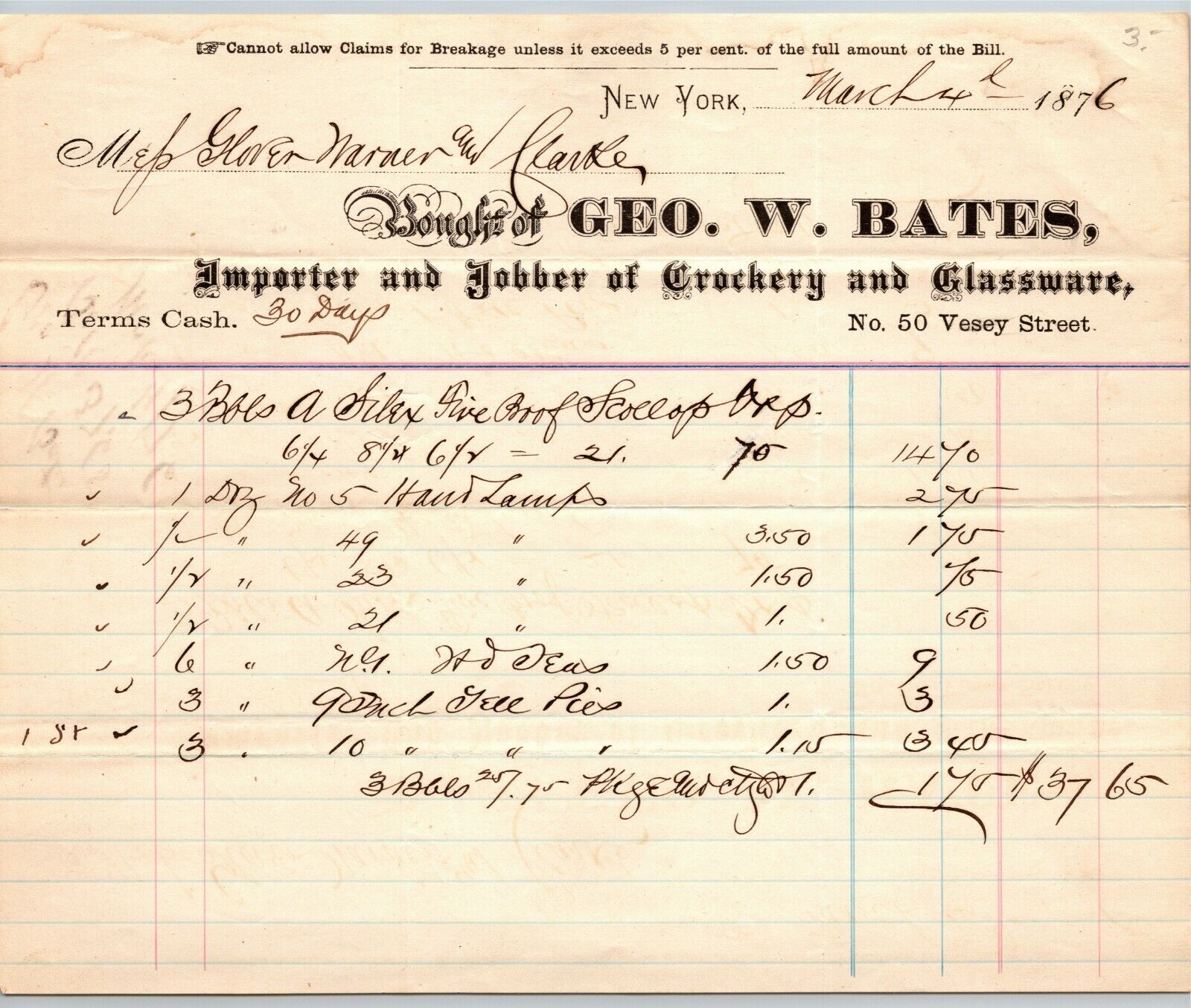 Geo. W. Bates NY, NY to Glover, Warner & Clarke Sandy Hook Letterhead 1876