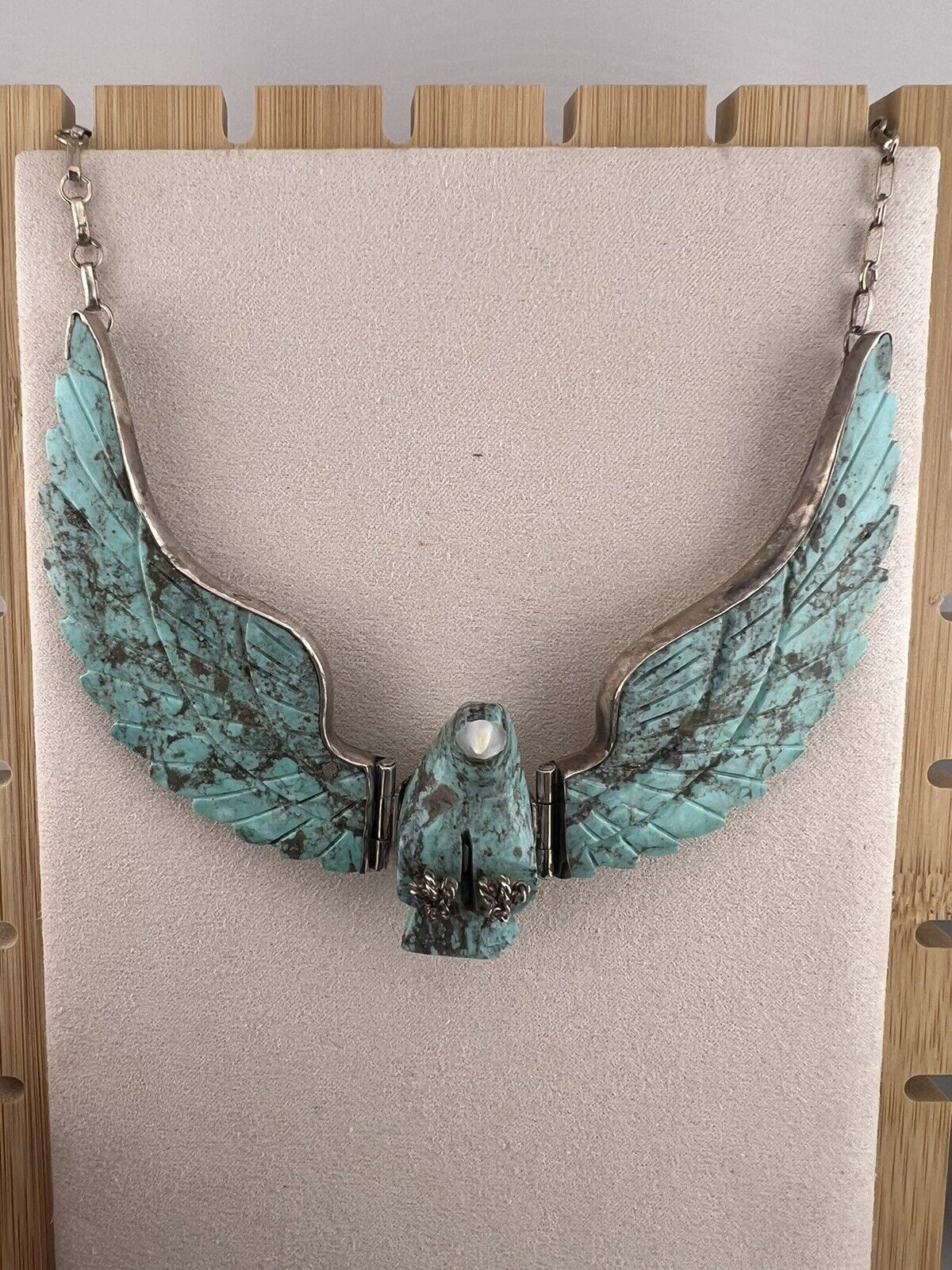 Native American Navajo Sterling Silver Carved Turquoise Eagle Pendant Necklace