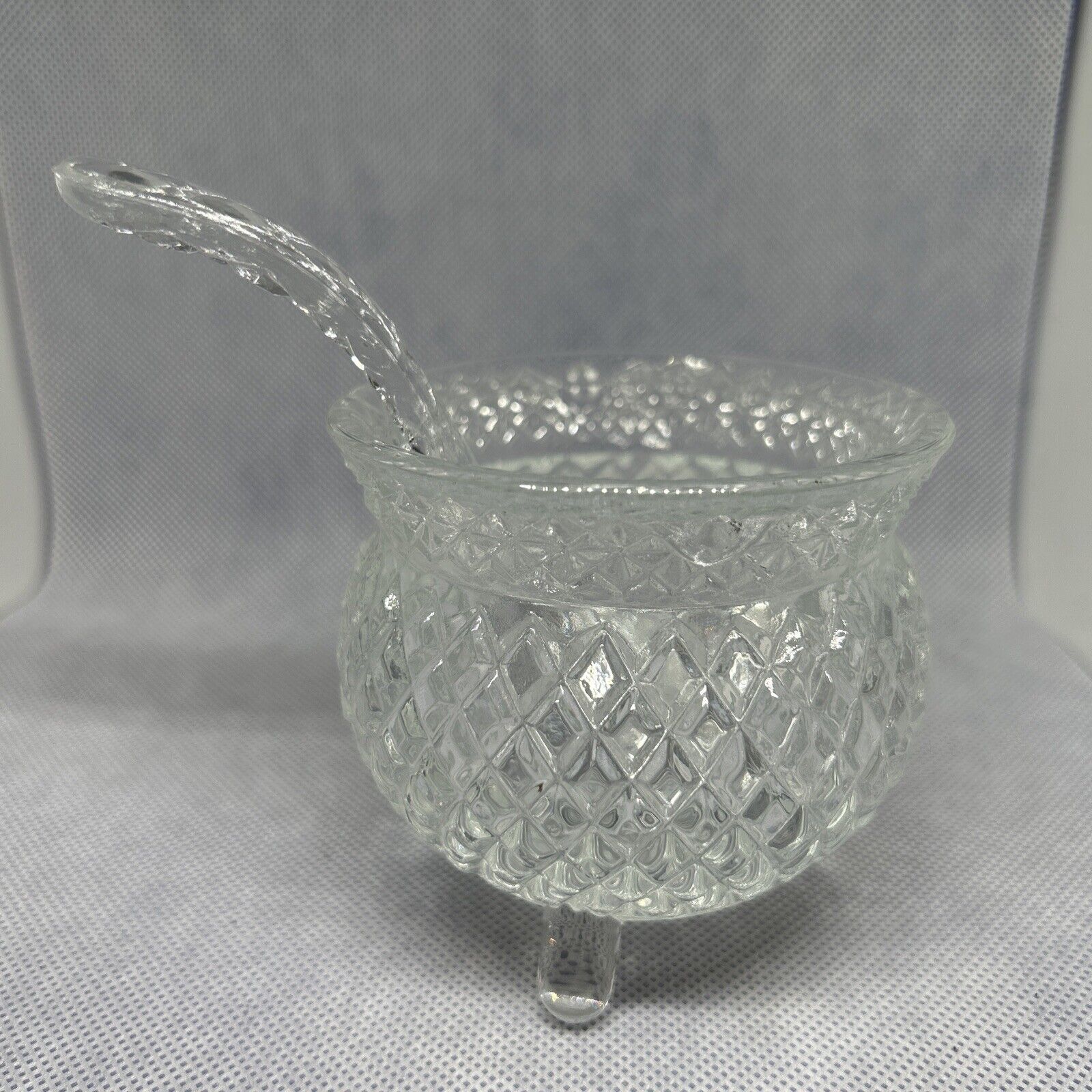 Rare Vintage Indiana Glass Diamond Cut Pot Jam Jar Honey Marmalade W Spoon 3 Leg