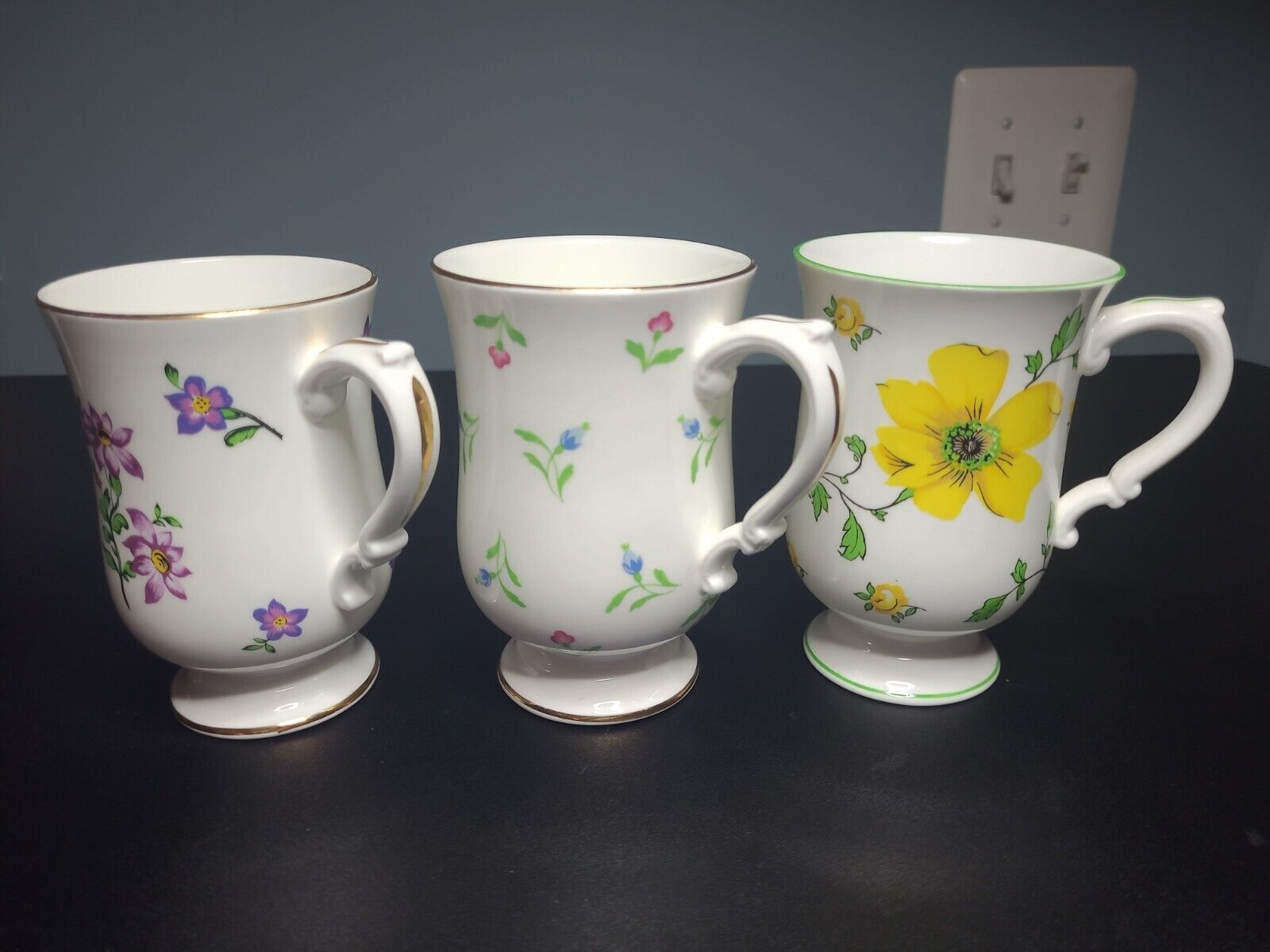 3 Royal Victoria Fine Bone China England Footed Mugs/Cups Floral Gold Trim