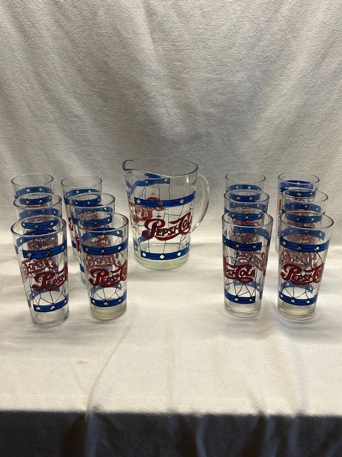 Vintage 1970\'S Pepsi Cola Pitcher and 12 Glasses Tiffany Style Stained Glasses