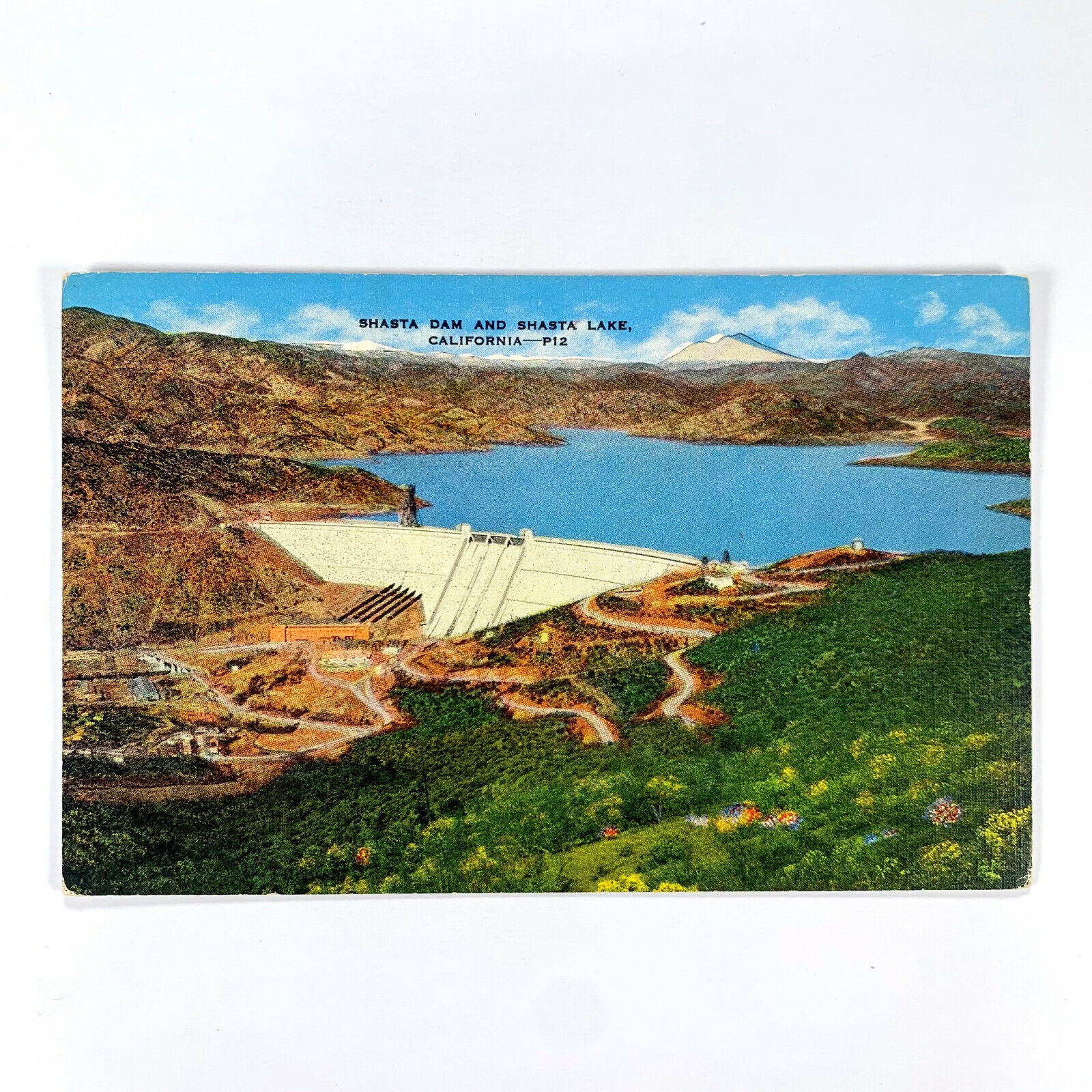 Postcard California Shasta CA Dam Lake Aerial 1940s Linen Unposted