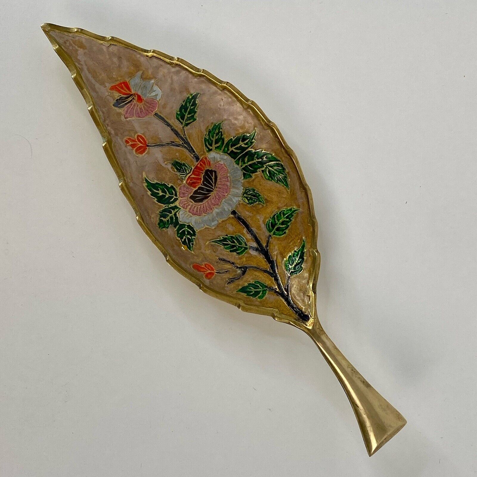 Vintage Brass Leaf Trinket Dish Etched Flower Floral Ash or Incense Tray 12x4”