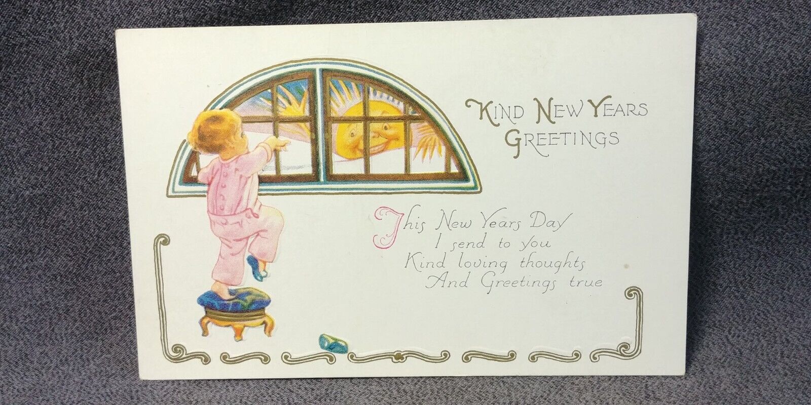 1910s New Years Sun Shine Face Hands Child Mint Unused Antique Postcard T25