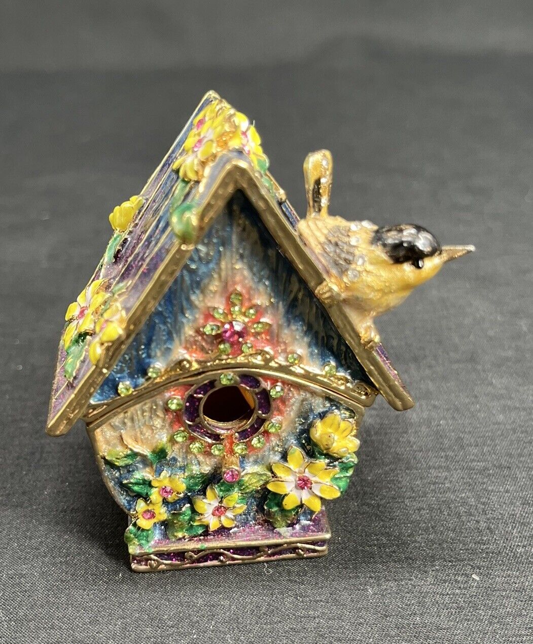 NOBILITY Birdhouse Floral Metal Enamel Hinged Trinket Box 3925GF