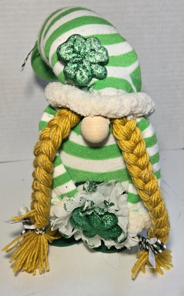 St. Patrick\'s Day Lucky Freestanding Gnome Blonde Braids 4 Leaf Clover Decor 9\
