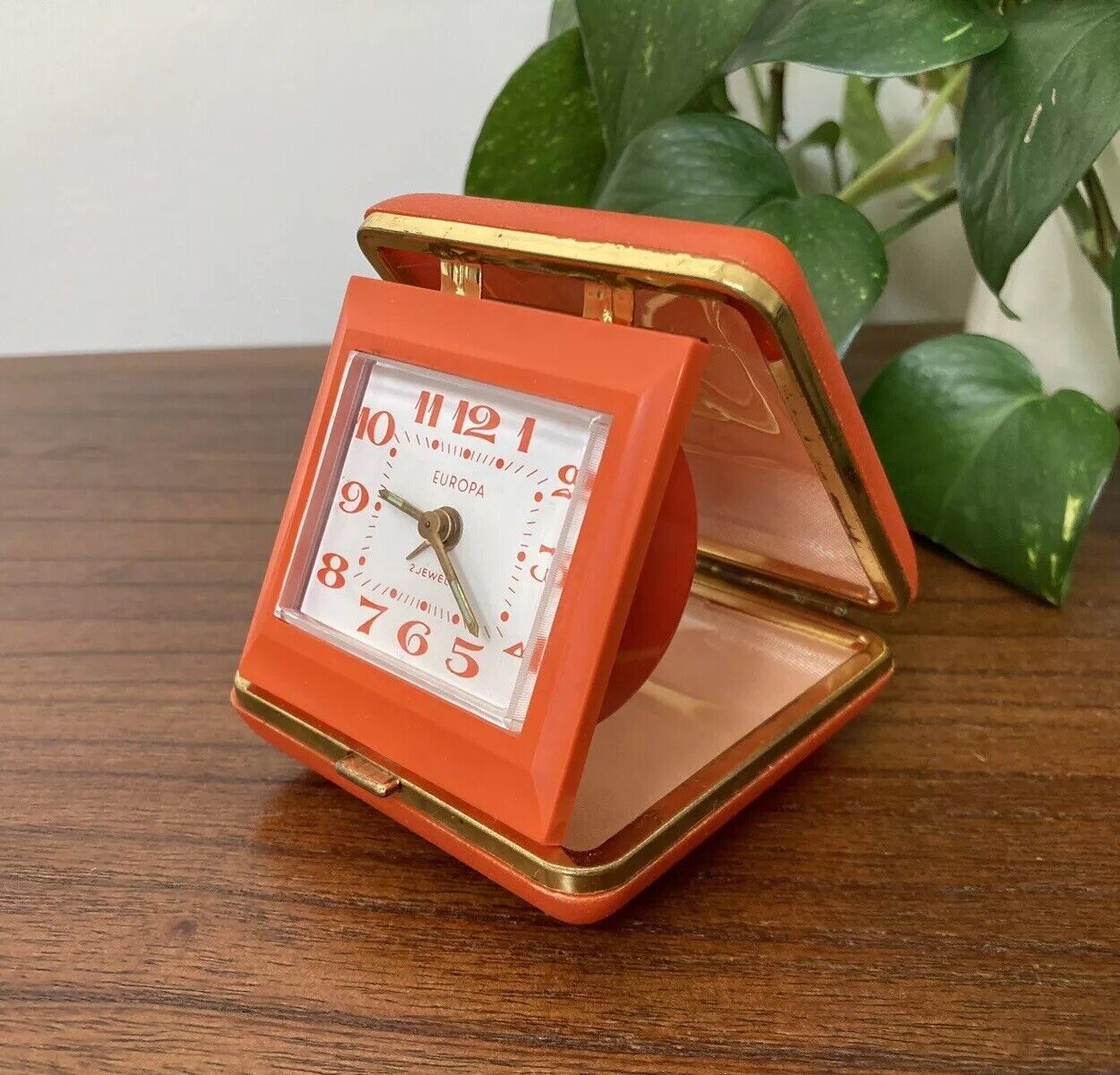 Vintage EUROPA Clock MCM 2 Jewels German Travel Alarm Clock Orange RARE