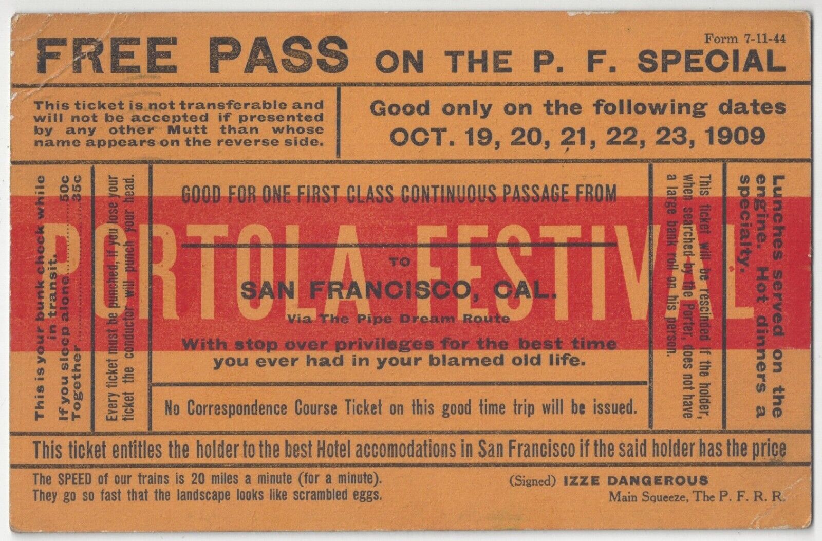 1909 Portola Festival Free Pass - San Francisco, California Postcard