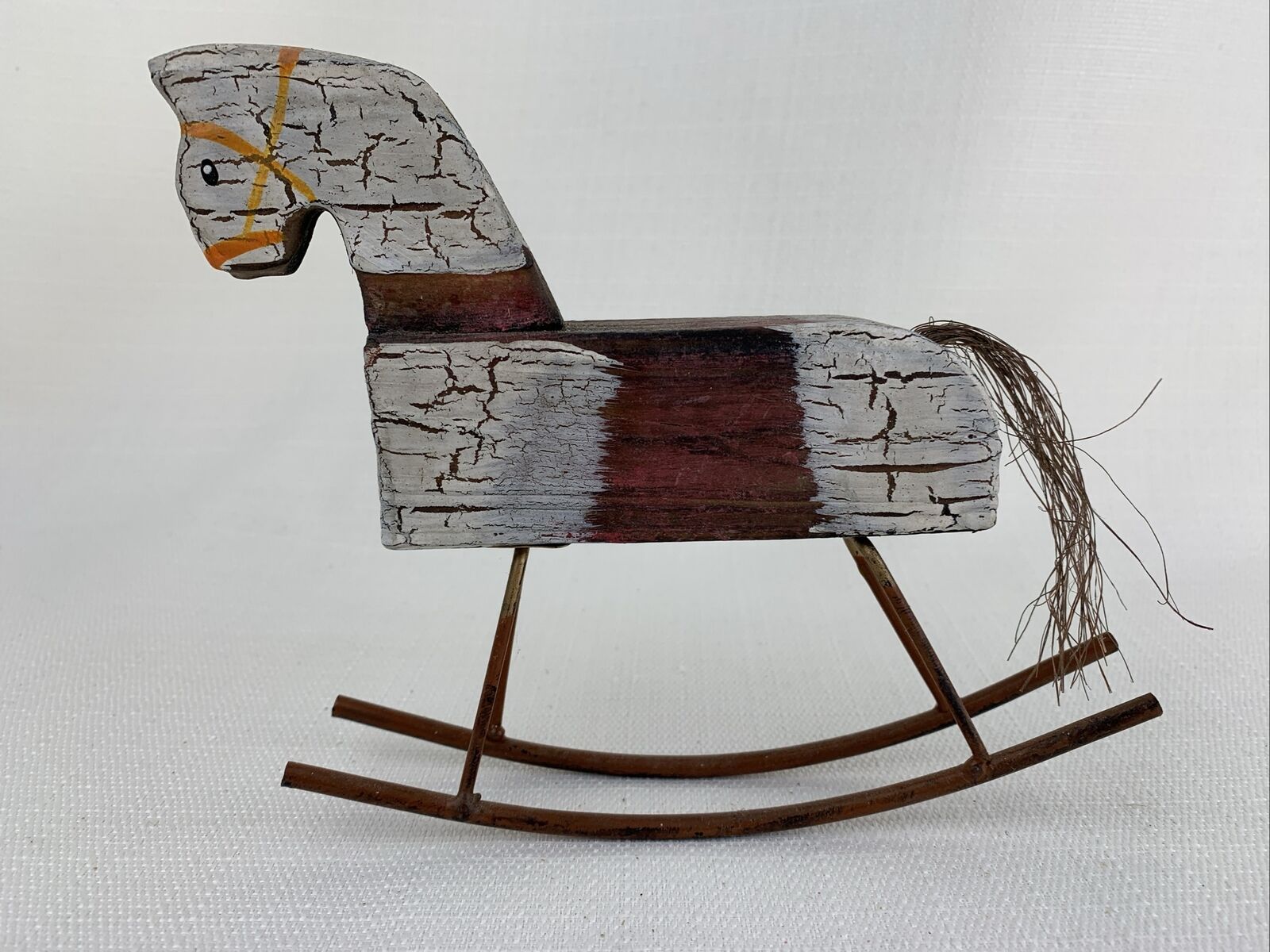 Vintage Wooden Rocking Horse Hand Carved Hand Painted - Folk Art Metal Prmitive