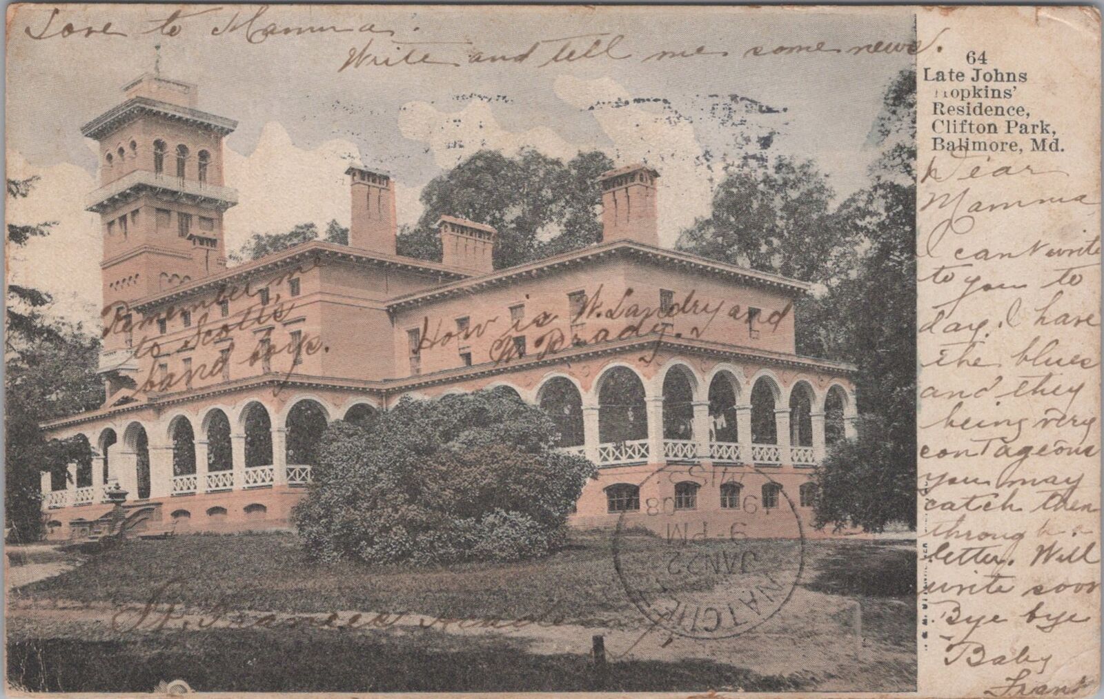 Johns Hopkins Residence Clifton Park Baltimore Maryland 1908 Postcard