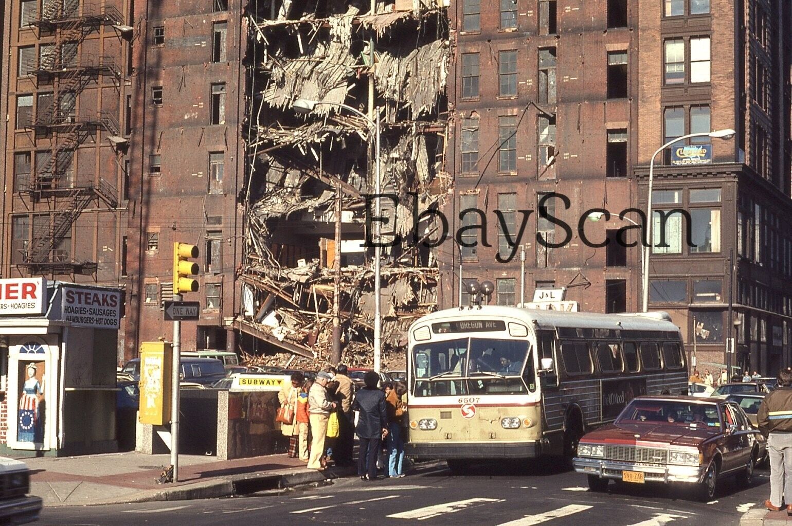 Original 35mm Kodachrome Slide SEPTA Bus Philadelphia Street Building Demo 1979