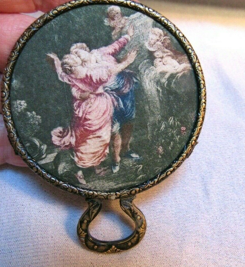 Antique Engraved Bronze Purse Mirror Fabric Picture Lovers Cherubs Lovely