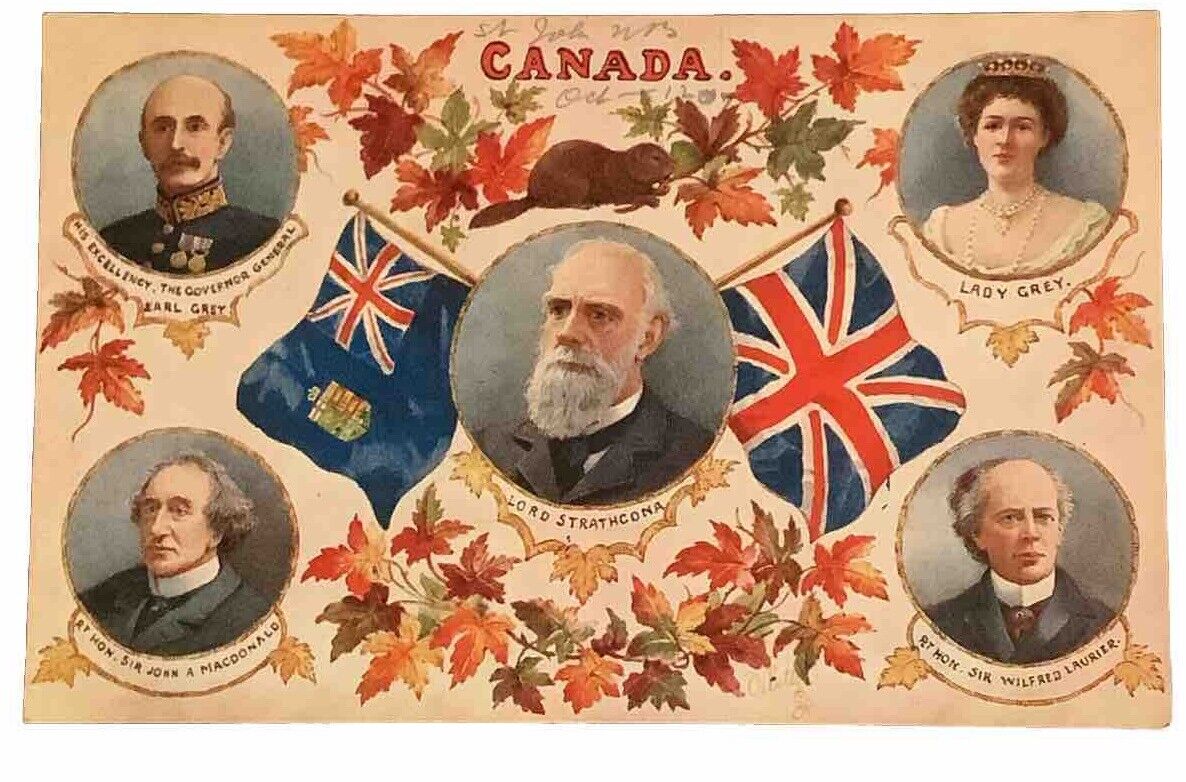 c1910 Postcard Canadian Officials Flag Lady Grey Lord Strathcorn Beaver Foliage