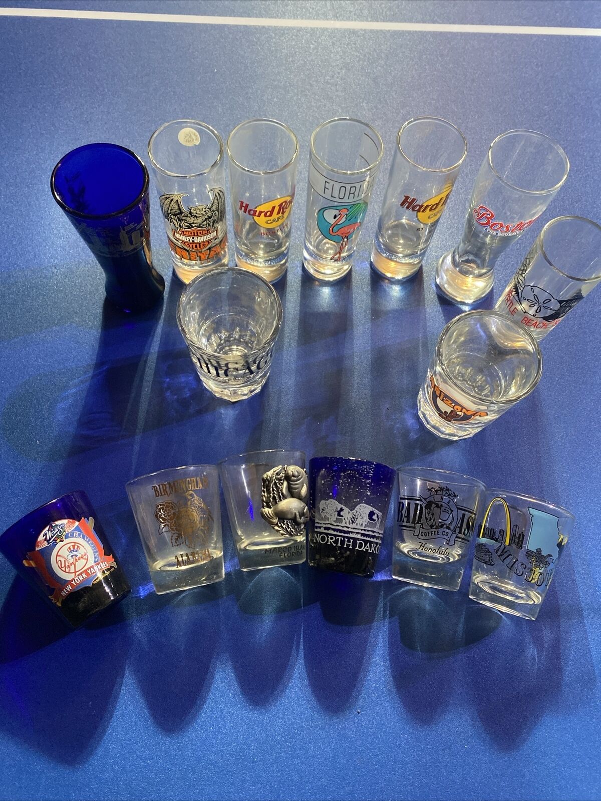 LOT OF 15 ASSORTED SOUVENIR Tall & Short SHOT GLASSES, States, Hard Rock Cafe