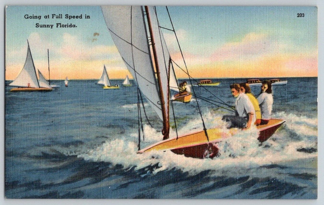 Linen Postcard~ Sailboats Going Full Speed In Sunny Florida