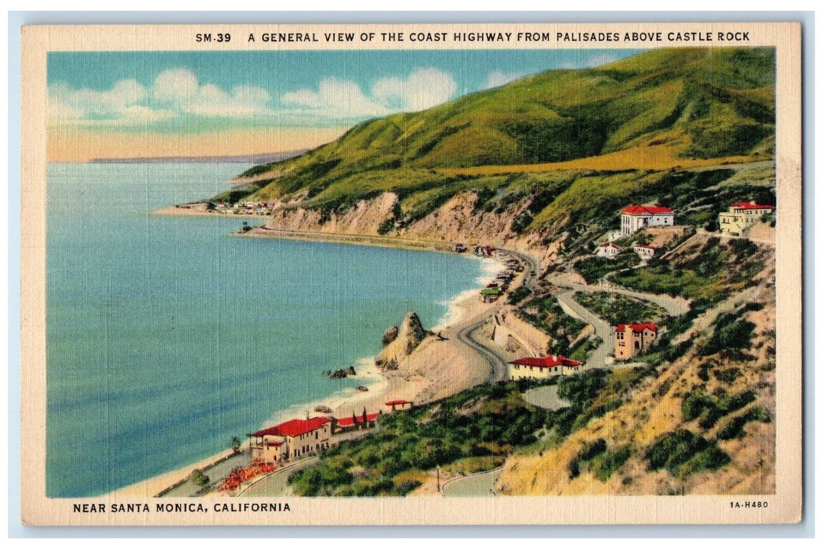 c1940's Aerial View Coast Highway Palisades Castle Rock California CA Postcard