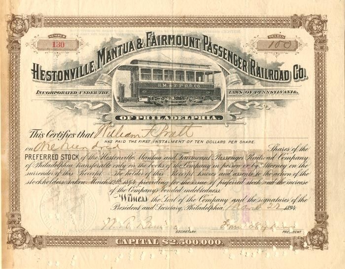 Hestonville, Mantua and Fairmount Passenger Railroad Co. - 1894 dated Railway St