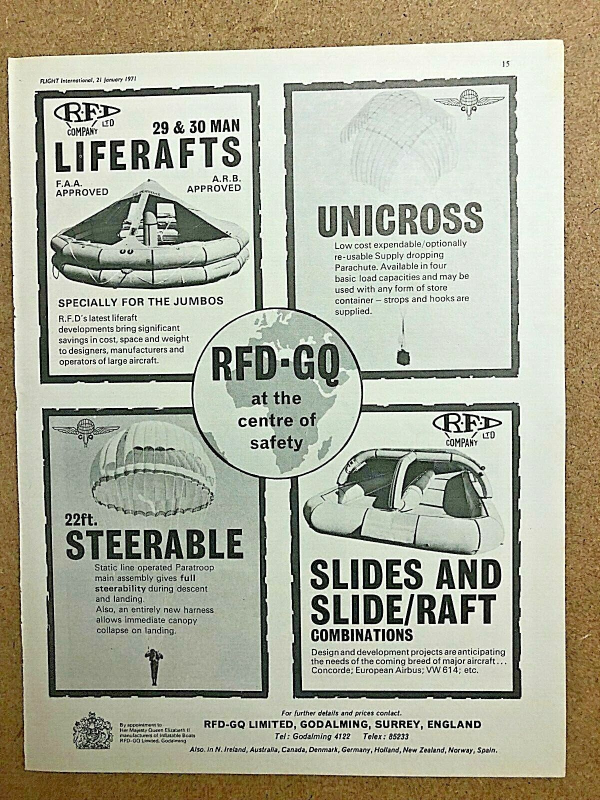 1971 Aircraft Advert RFD-GQ LIFERAFTS UNICROSS PARATROOP SLIDES SLIDE/RAFT 