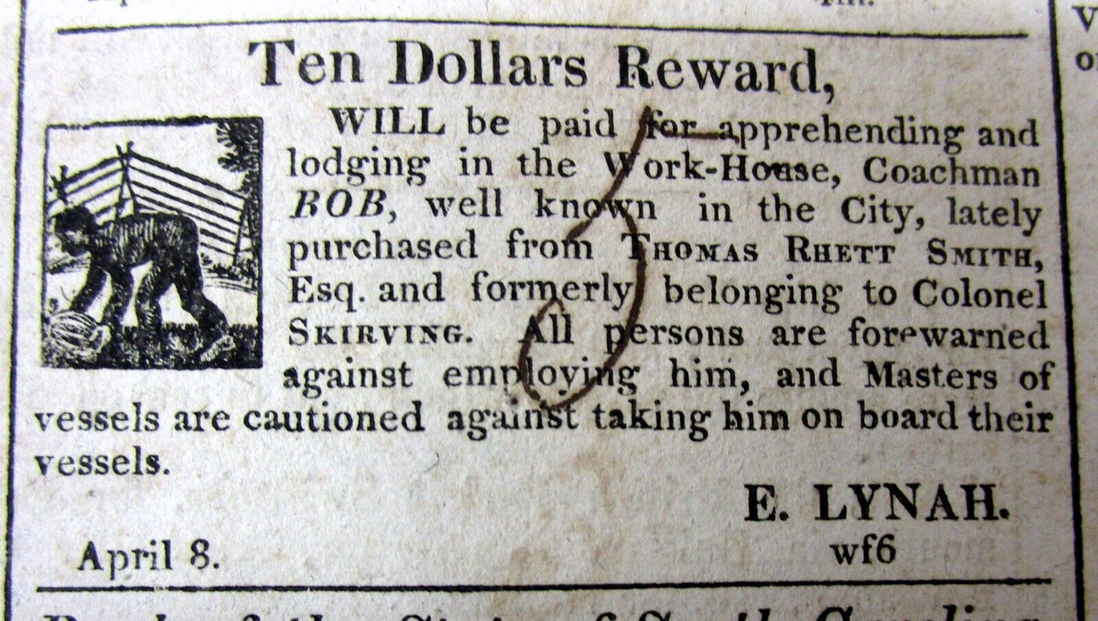 Rare 1818 Charleston SOUTH CAROLINA newspaper ILLUSTRATED RUNAWAY NEGR0 SLAVE AD