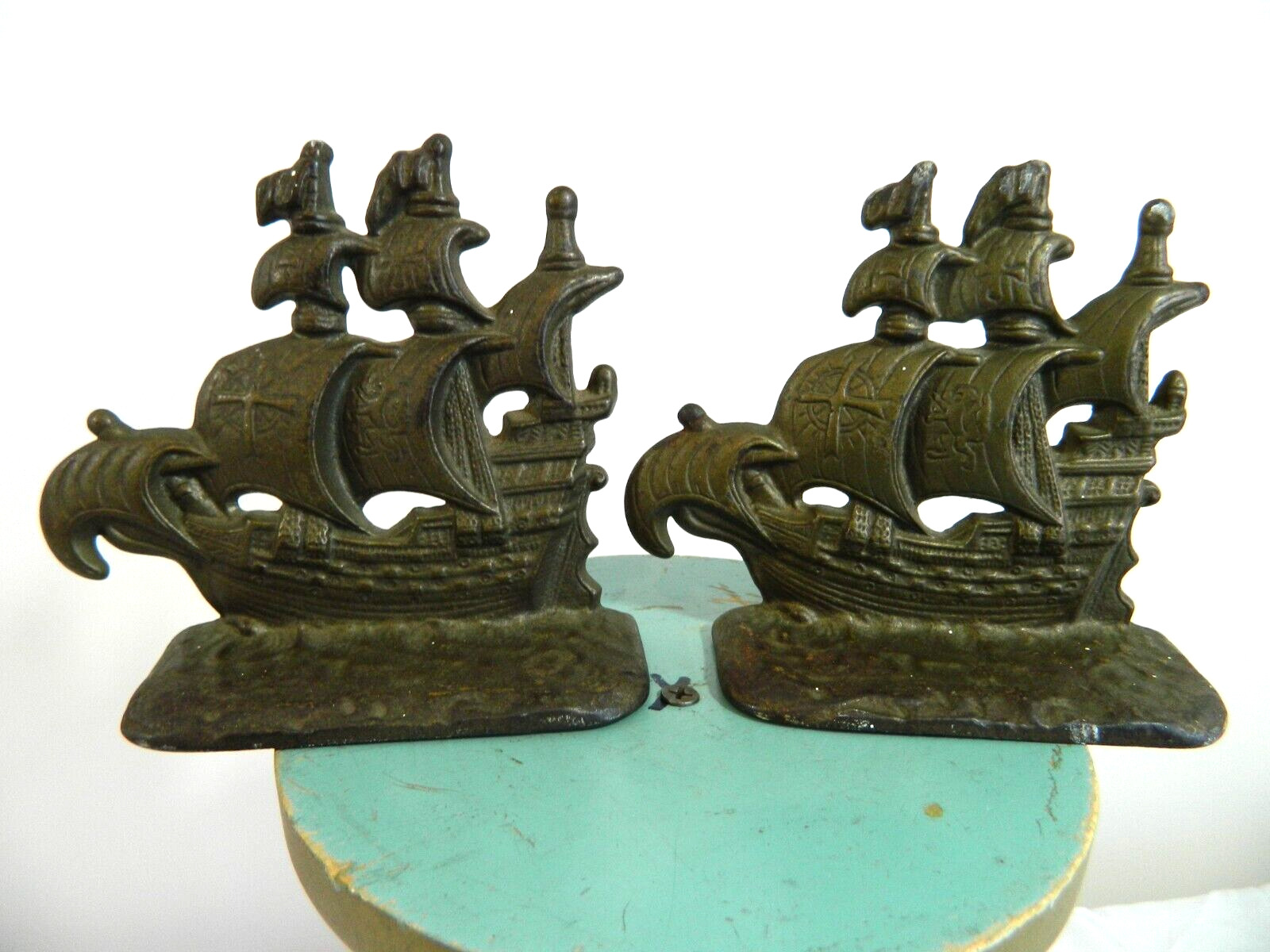 Antique Sailing Clipper Ships Bookends Pair Cast Metal Pirate Galleon Corp 1928