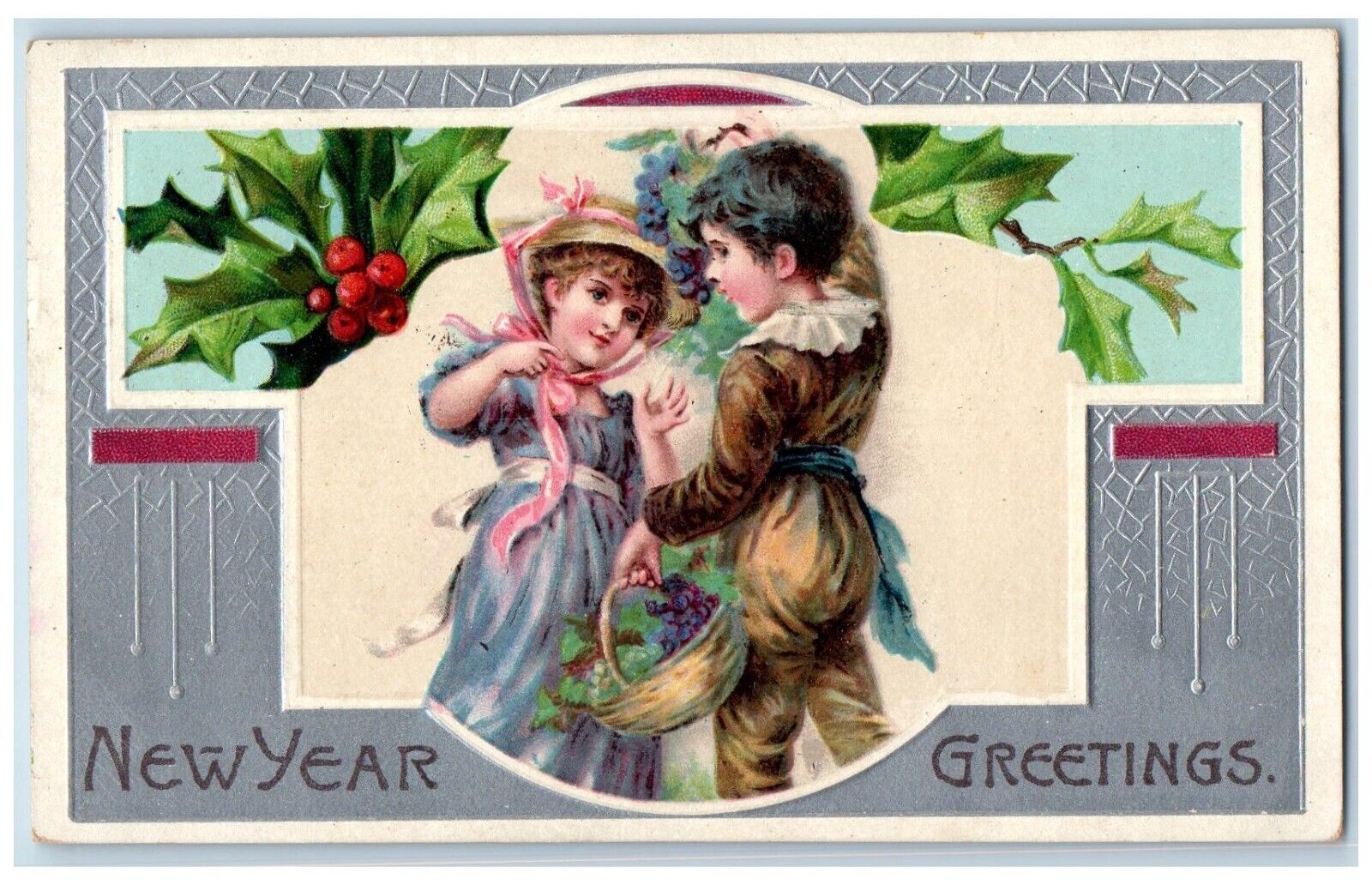 1910 New Year Greetings Children Holding Grapes In Basket Berries Postcard