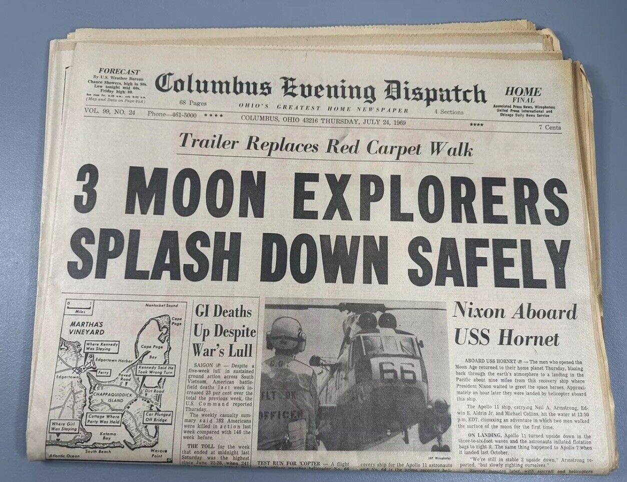 Vintage 1969 3 Moon Explorers Splash Down Safely Columbus Dispatch Newspaper