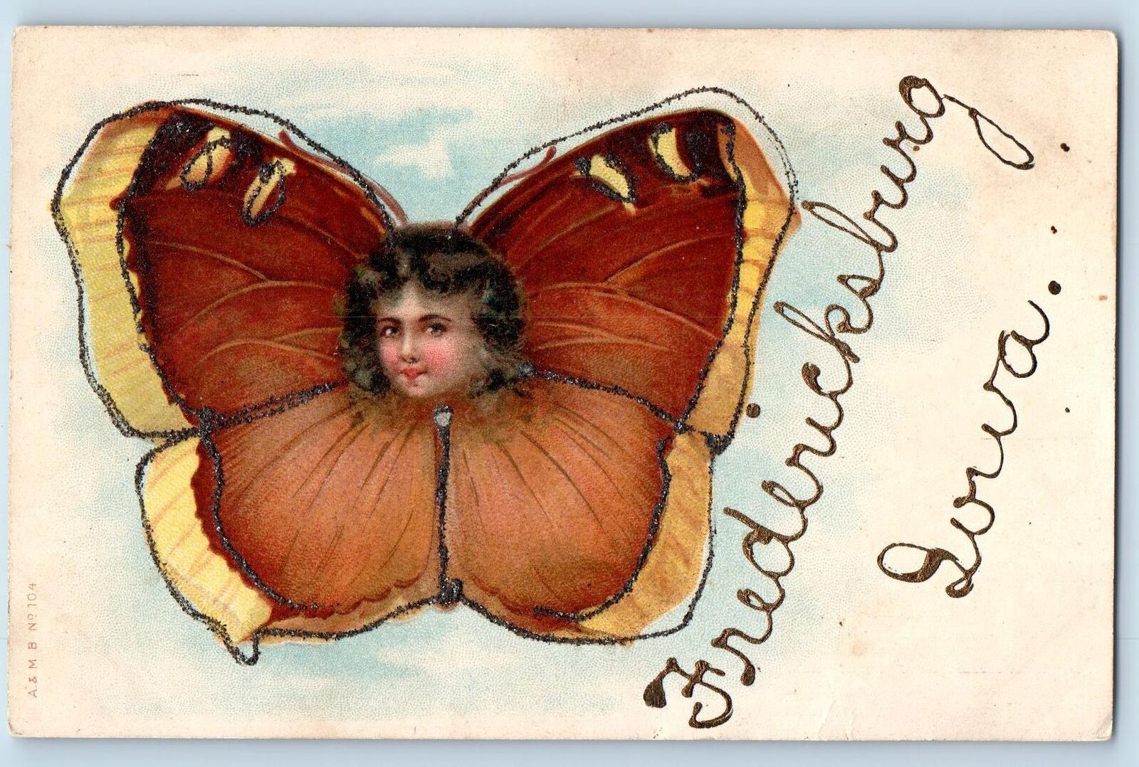 Fredericksburg Iowa IA Postcard Greetings Butterfly Wings And Face Scene c1910's