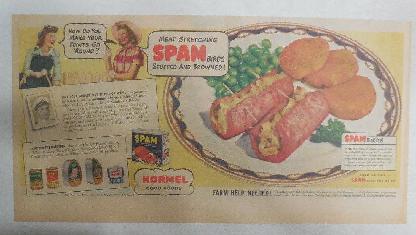 Hormel Spam Ad: Spam Birds Stuffed and Browned from 1940's Size: 7.5 x 15 inches
