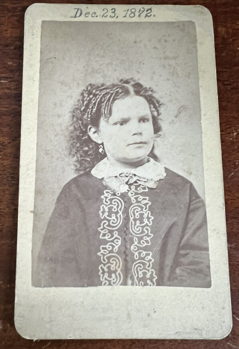 Antique CDV Christmas 1872 Photo Portrait Adorable Girl Curly Hair Belvedere ILL