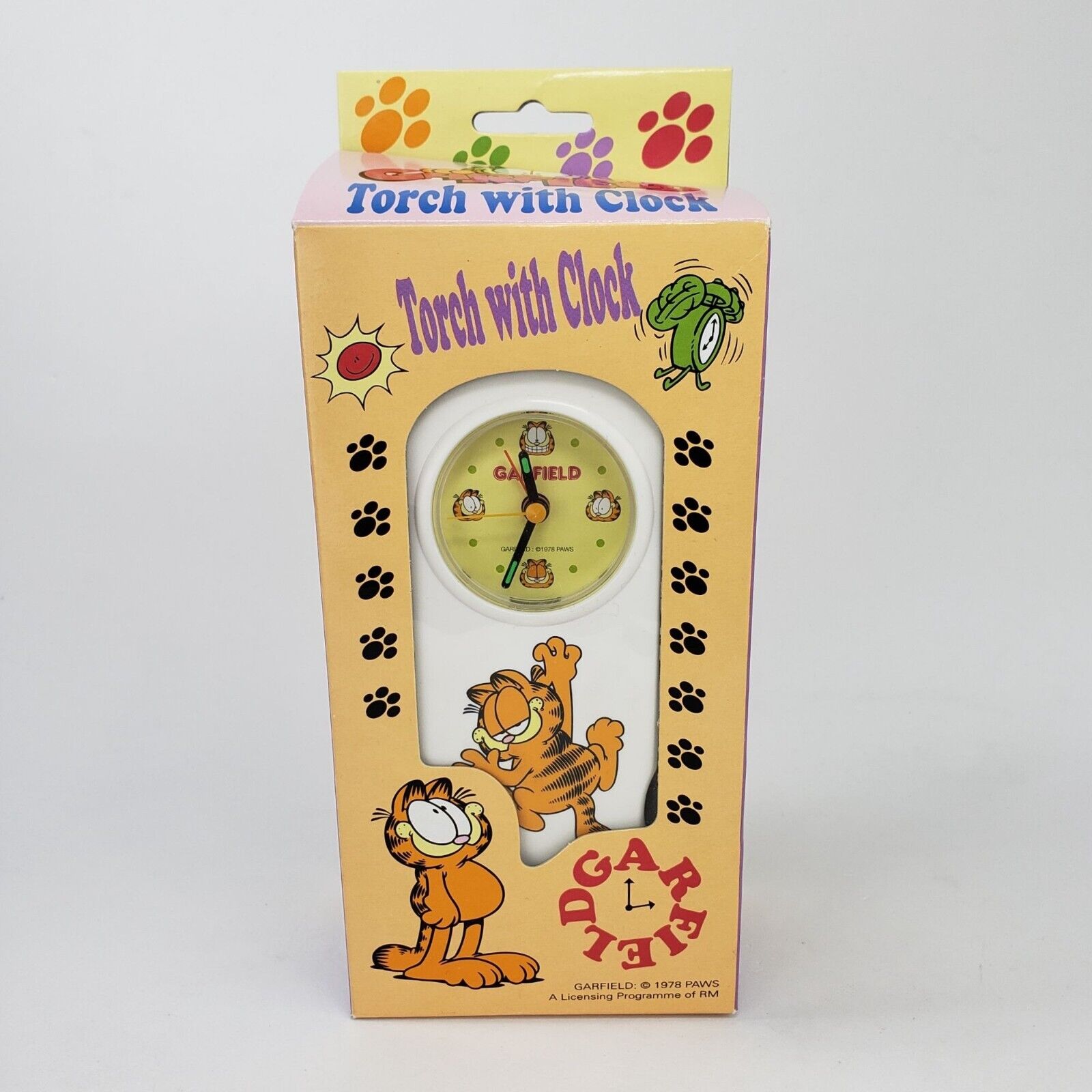 Rare Vintage 1978 PAWS GARFIELD The Cat Torch with Clock NOS Flashlight Boxed
