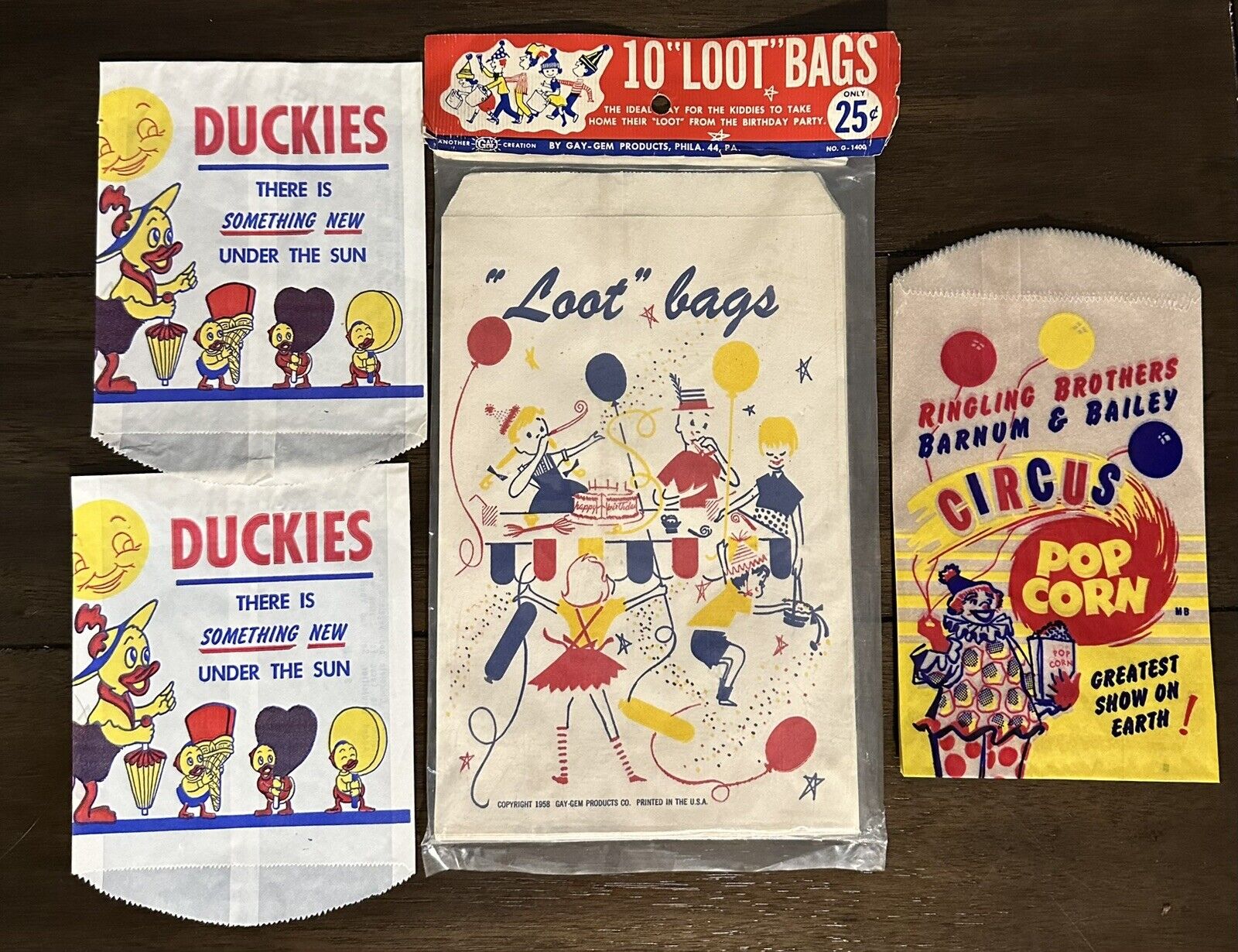 Vintage paper bag ephemera Gay gem Loot Barnum Peanut Duckies Ice Cream Lot Junk