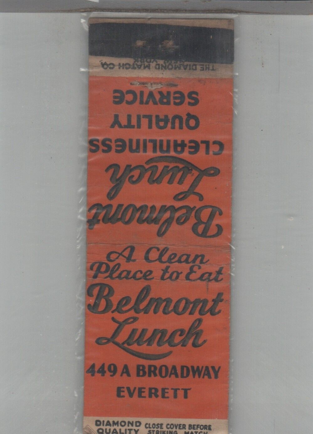 Matchbook Cover 1930s Diamond Quality Belmont Lunch Everett, MA