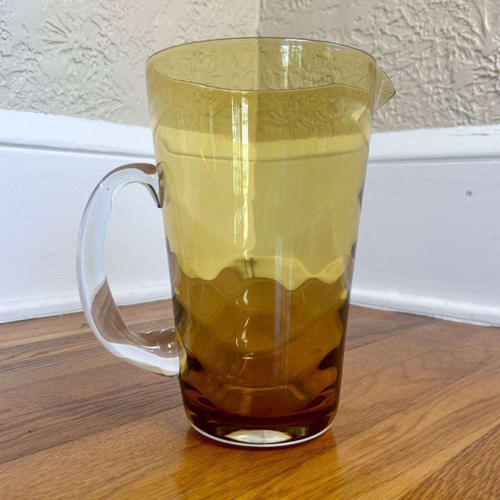 Vintage MCM Blown Glass Pitcher with Amber Glass and Clear Handle